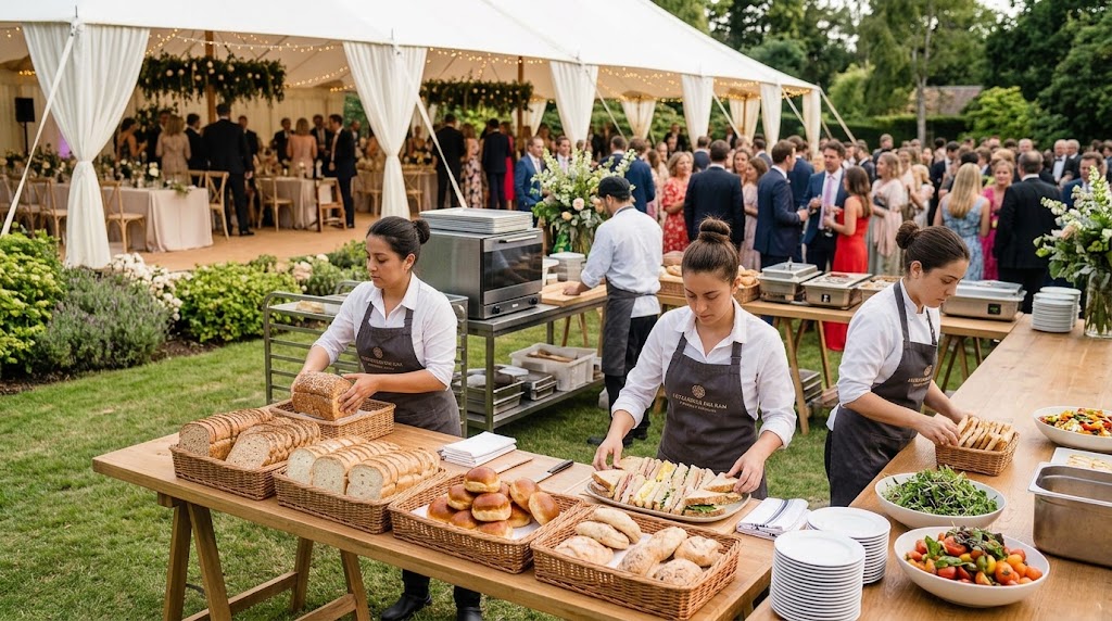 Mesa de catering De Origen con panes y sándwiches servidos en un evento